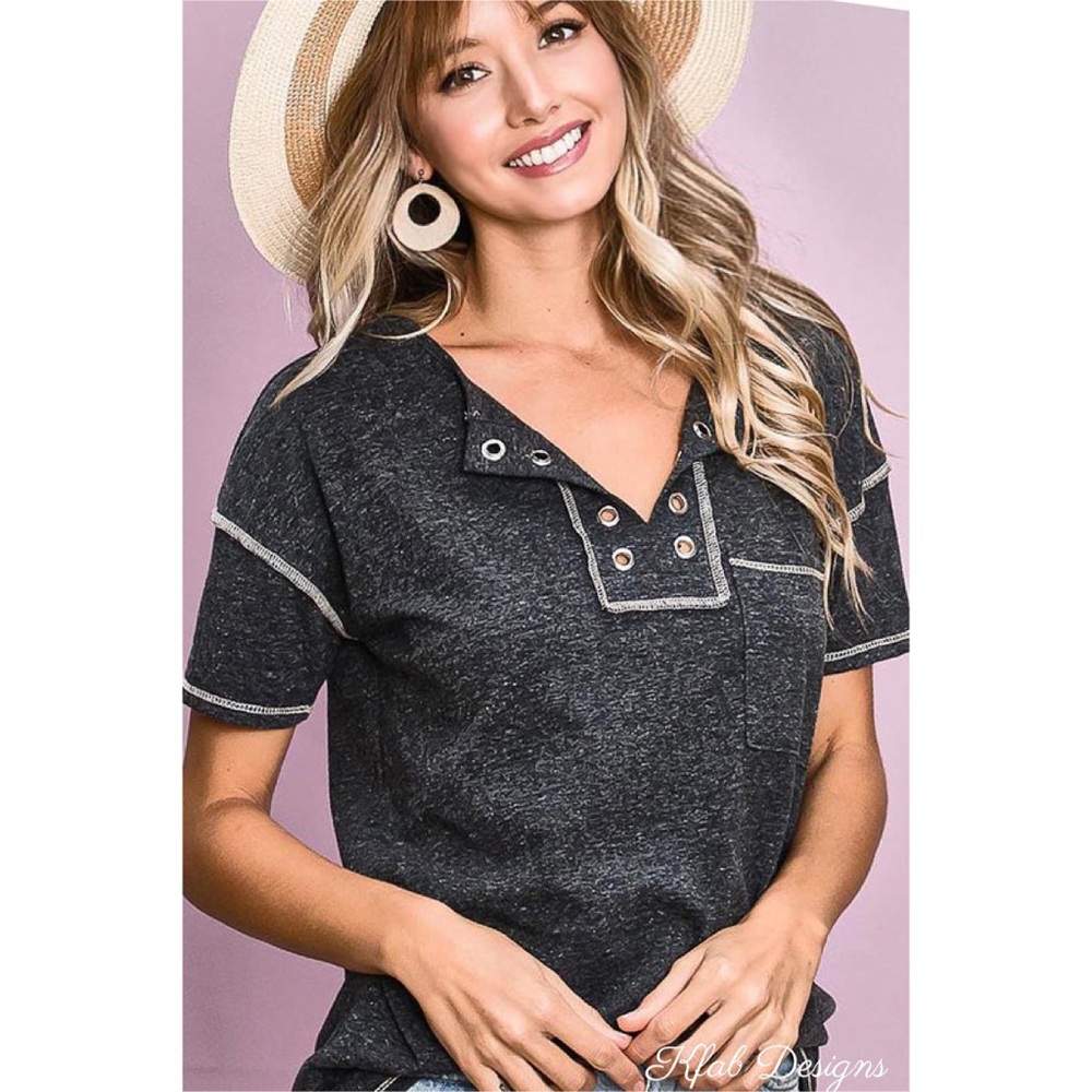 ❤️LAST 1! Super Soft Eyelet Detail Charcoal Henley Top! - Picture 6 of 11